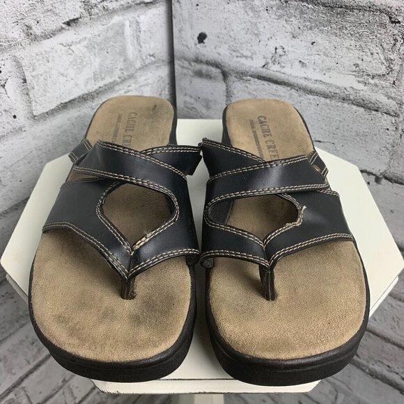 Cache Creek Chunky Black Faux Leather Slip On Thong Casual Comfort Sandals - Picture 1 of 8